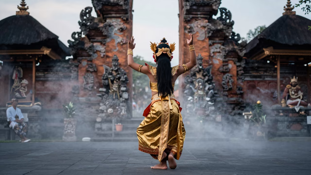 Balinese Legong Dancer Dawn Fog Temple in near Yogyakarta