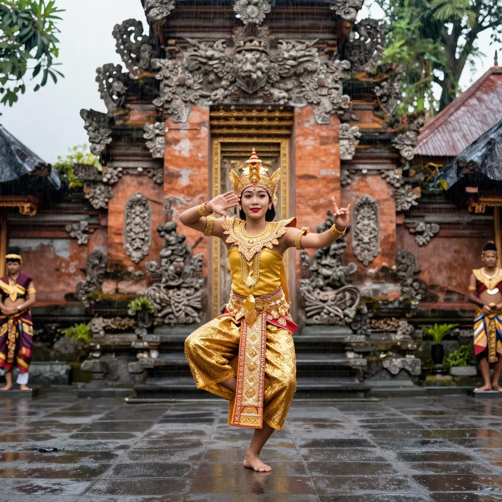 Balinese Legong Dancer in Jakarta Temple Noon in in the old quarter in Jakarta