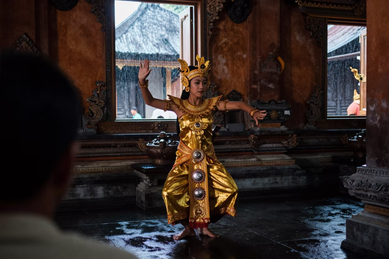 Balinese Legong Dancer in Jakarta Temple Predawn in in the old quarter in Kota Tua, Jakarta