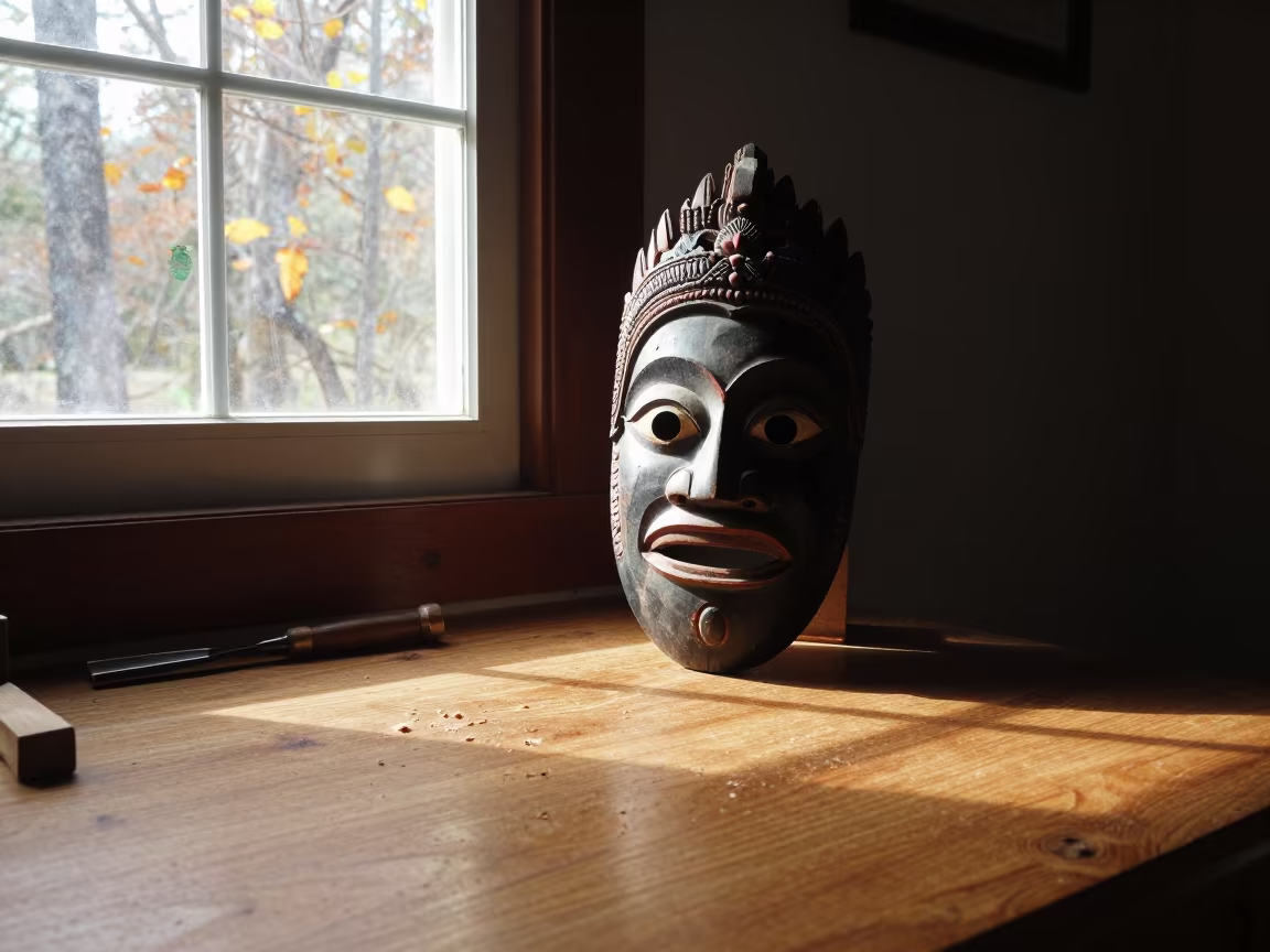Balinese Mask Carving on Mississippi Desk in on a writing desk in Mississippi, Portland