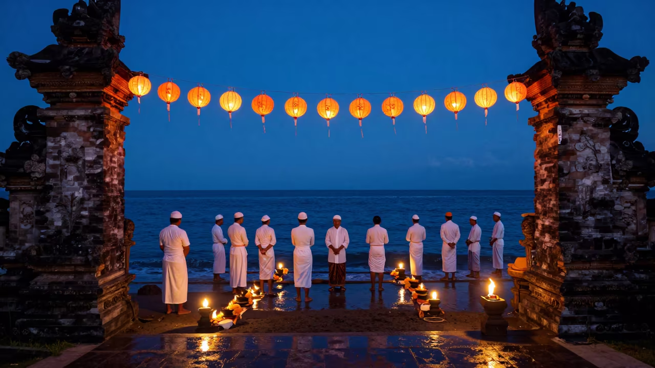 Balinese Melasti Ceremony at Blue Hour Shrine in in a shrine lined with lanterns in Denpasar
