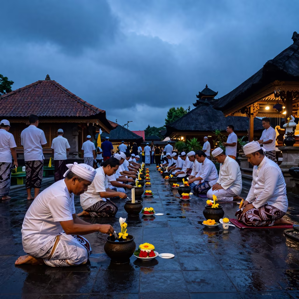 Balinese Melasti Ceremony at Blue Hour in in a temple courtyard near Tanah Abang, Jakarta