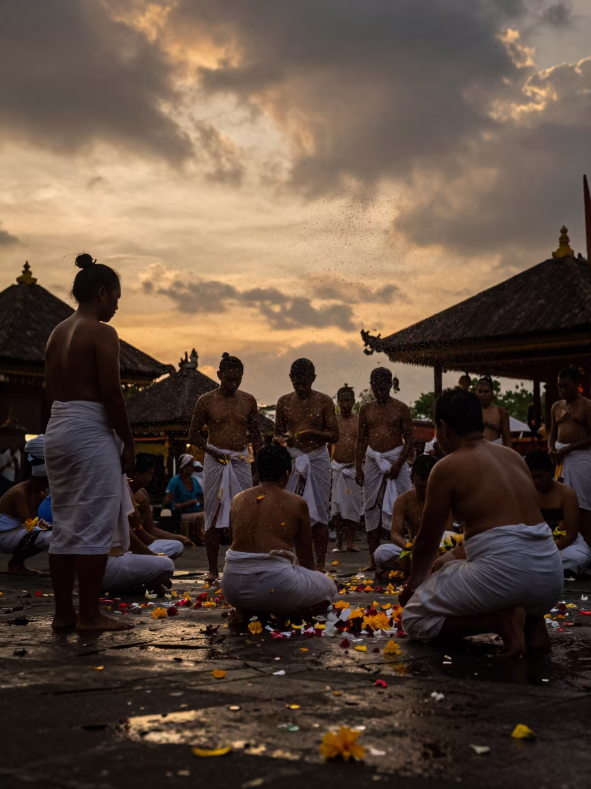 Balinese Melasti Ceremony Frozen in Time in in a prayer hall near Denpasar