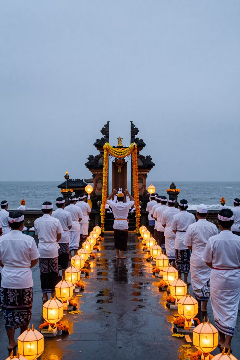 Balinese Melasti Ceremony Near Jakarta Sea Shrine in in a shrine lined with lanterns near Jakarta