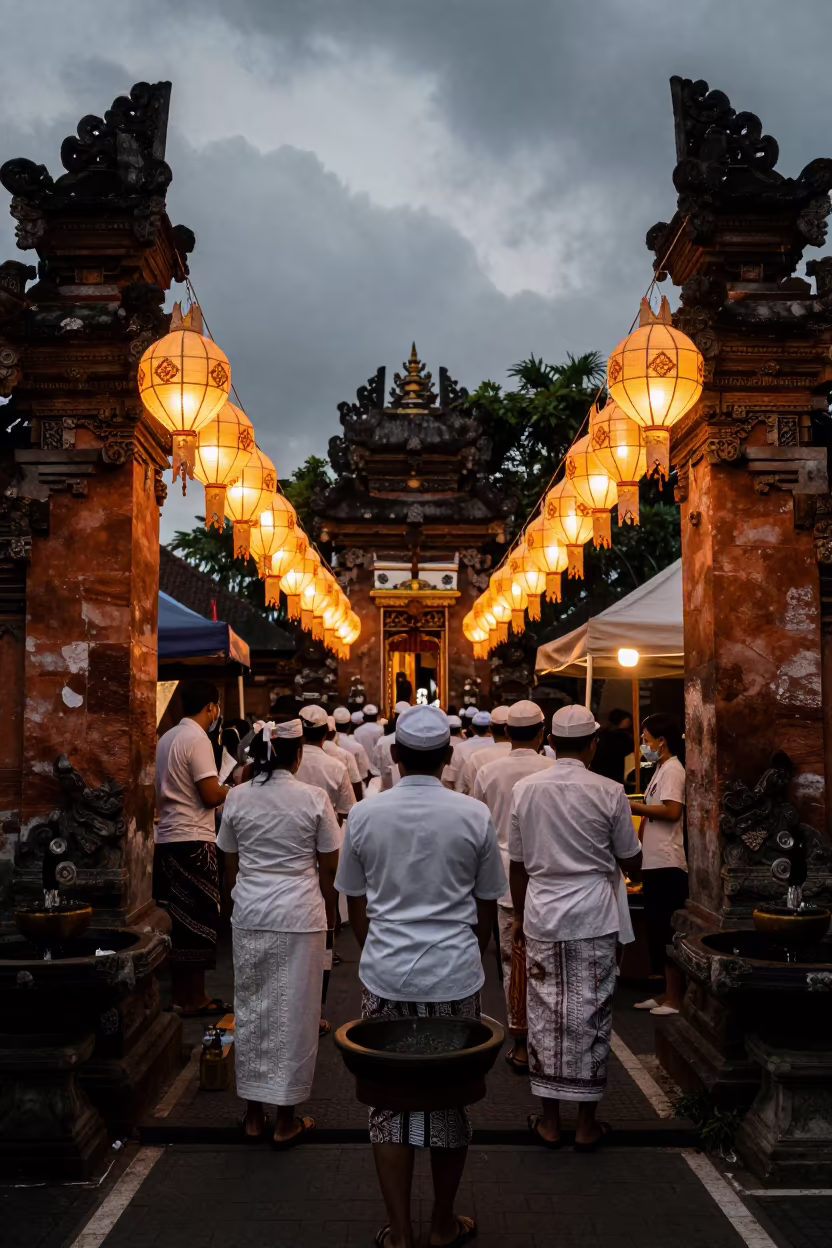 Balinese Melasti Ceremony in Jakarta Shrine in in a shrine lined with lanterns in Kemang, Jakarta