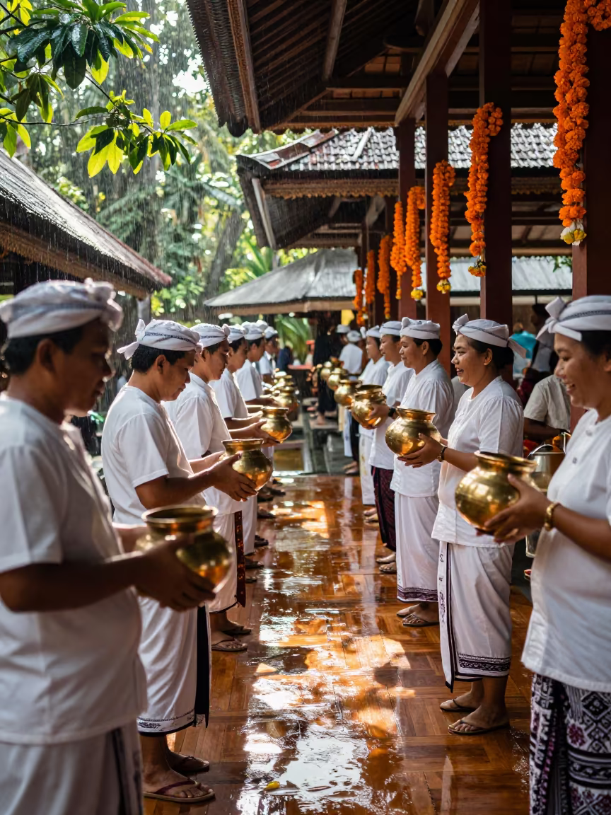 Balinese Melasti Ceremony Rainy Afternoon Light in in a ceremonial hall near Yogyakarta