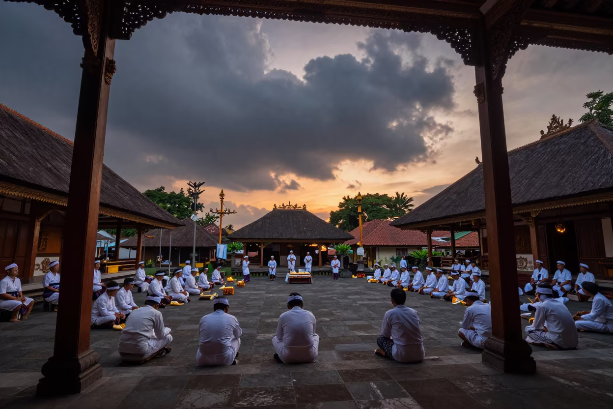 Balinese Melasti Ceremony in Yogyakarta Hall at Sunset in in a ceremonial hall in Yogyakarta
