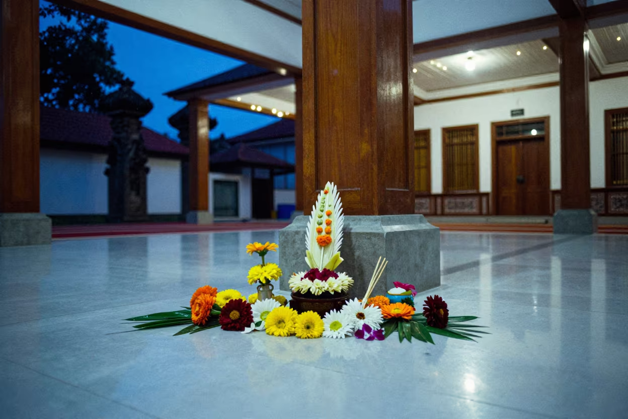 Balinese Offering in Denpasar Mosque Hall in in a mosque prayer hall in Denpasar