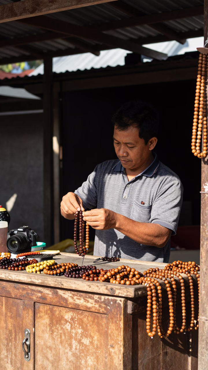 Balinese Shopkeeper Displaying Prayer Beads on Wooden Counter in Denpasar Market Midday in in Denpasar, Indonesia