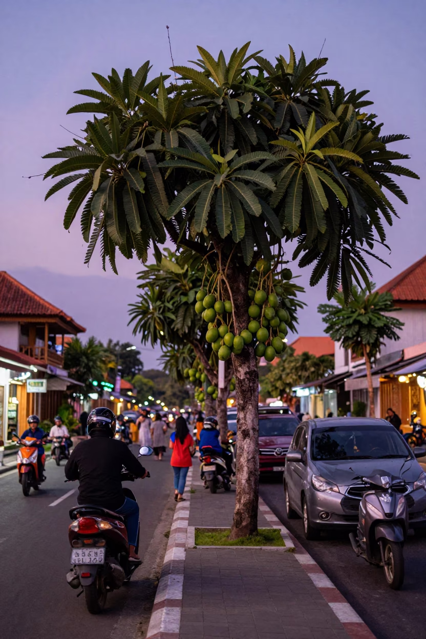 Balinese Street Scene at Dusk with Avocado Tree and Scooters in Denpasar Indonesia in in Denpasar, Indonesia