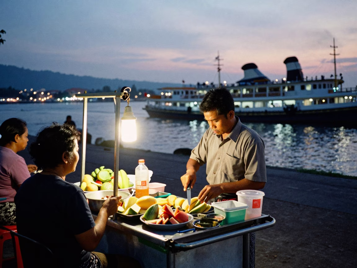 Balinese Street Stall at Dusk with Steamship and Spiral Harbor Imagery in in Denpasar, Indonesia