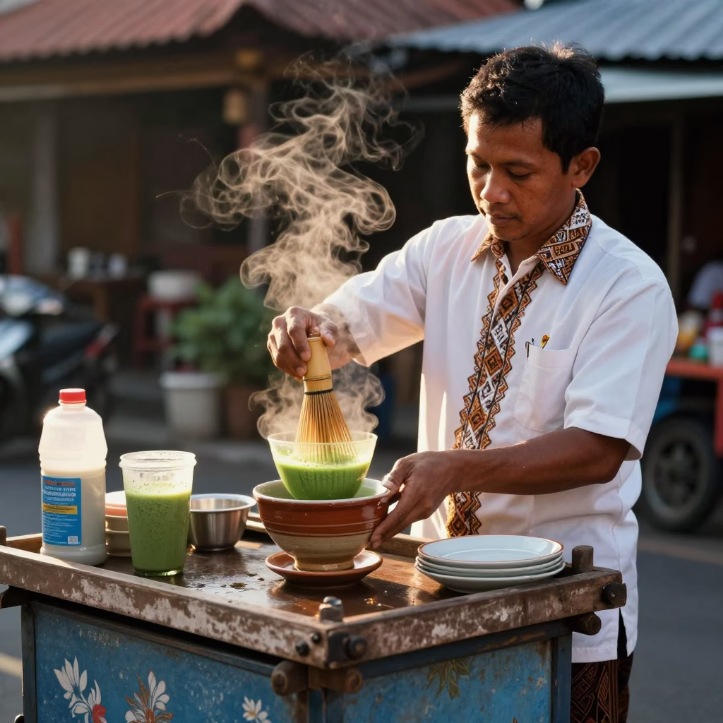 Balinese street vendor preparing matcha tea in warm evening light in Denpasar Indonesia in in Denpasar, Indonesia
