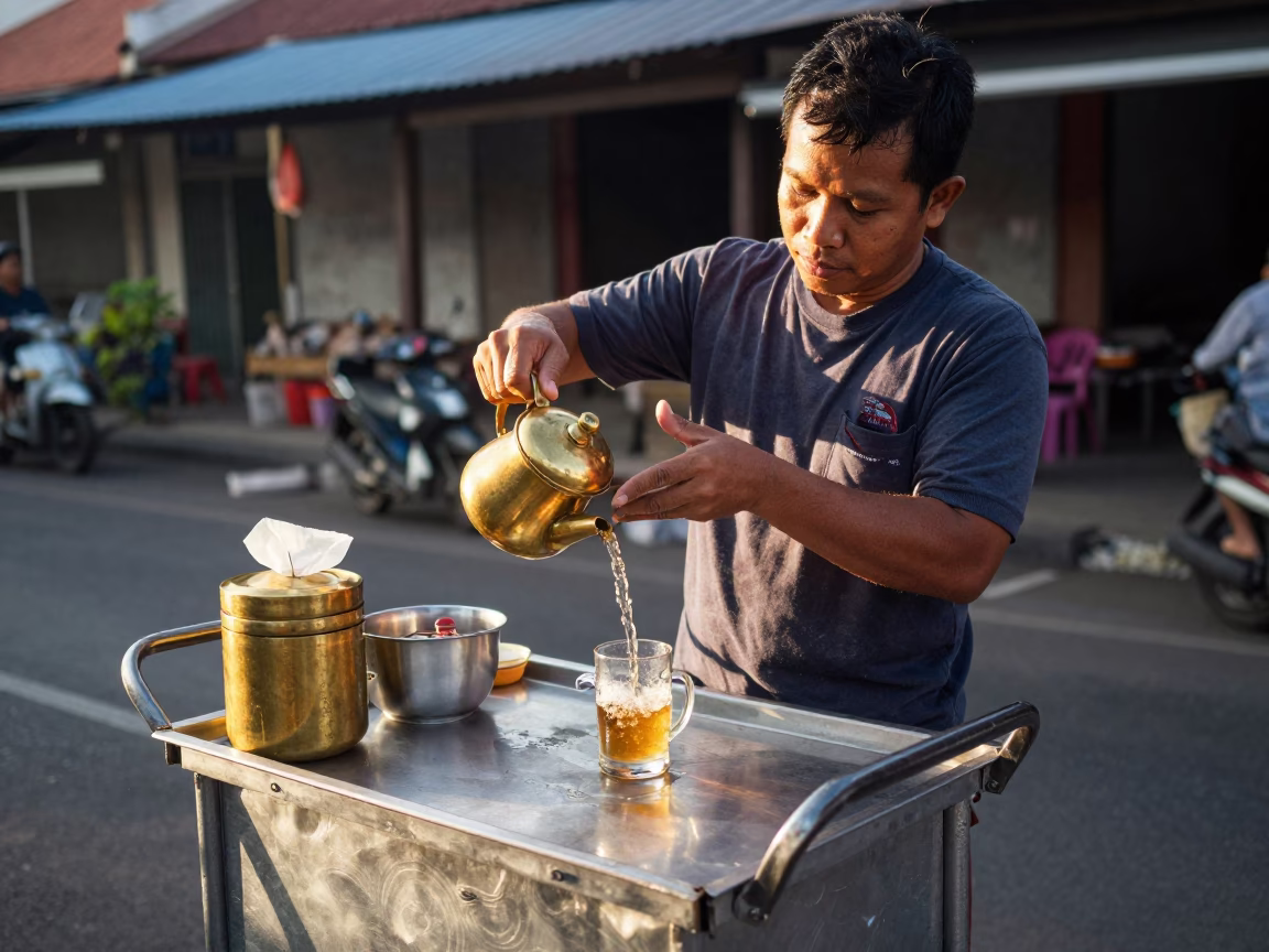 Balinese Street Vendor Preparing Morning Tea with Brass Strainer in Denpasar Indonesia in in Denpasar, Indonesia