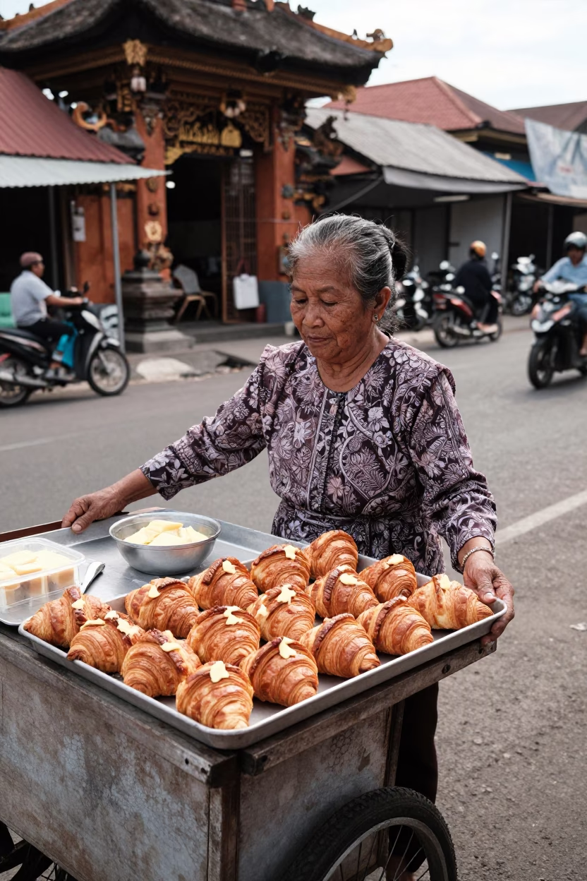 Balinese Street Vendor Selling Croissants and Butter in Denpasar Indonesia Early Afternoon in in Denpasar, Indonesia