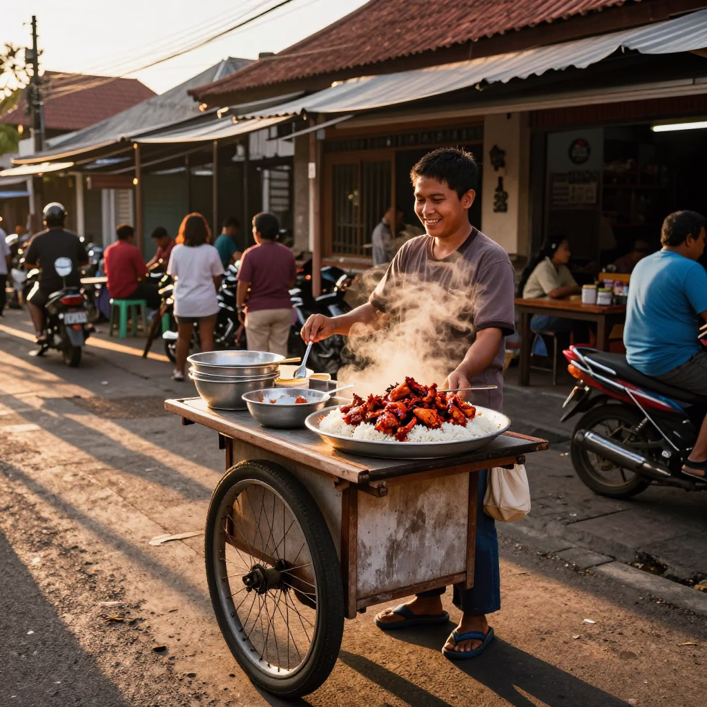 Balinese Street Vendor Selling Spicy Jerk Chicken Rice in Denpasar Evening Light in in Denpasar, Indonesia