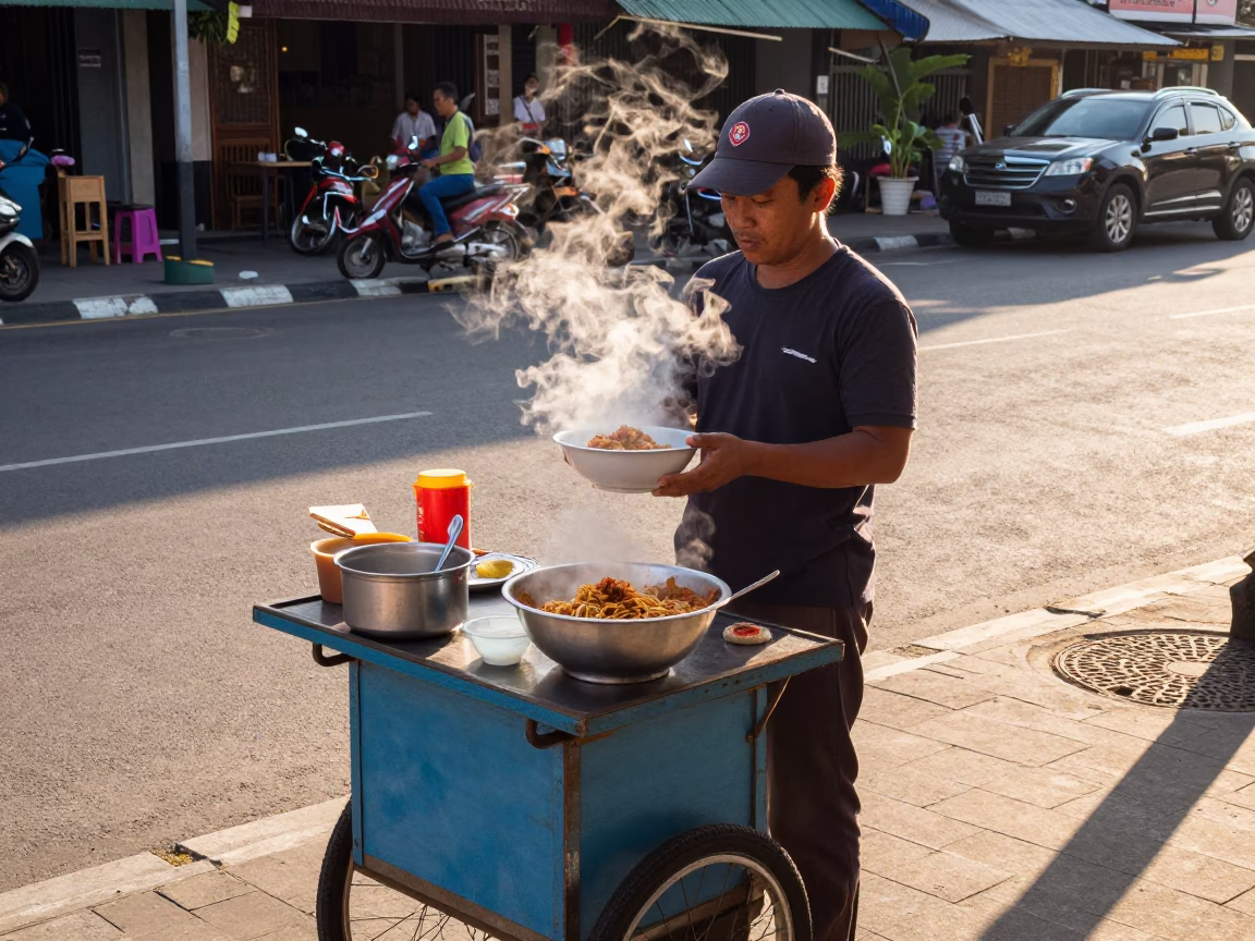 Balinese Street Vendor Selling Spicy Laksa Lemak in Denpasar Late Afternoon Light in in Denpasar, Indonesia