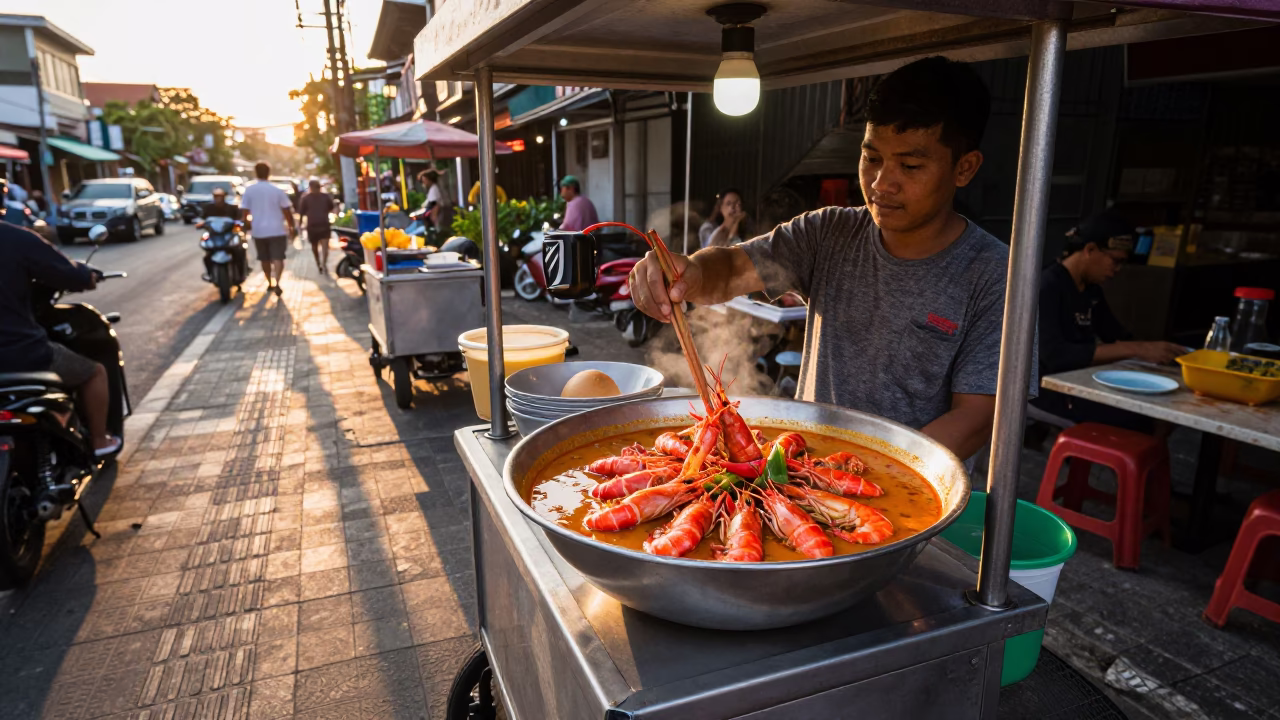 Balinese Street Vendor Selling Tom Yum Goong at Sunset in Denpasar Indonesia in in Denpasar, Indonesia