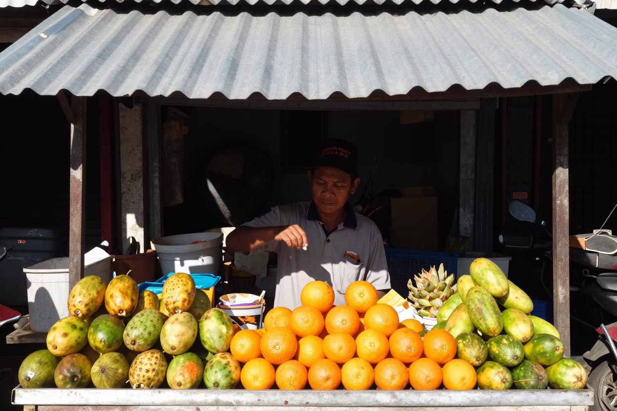 Balinese street vendor under noon glare in Denpasar Indonesia in in Denpasar, Indonesia