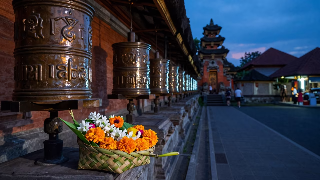 Balinese Temple Offering Neon Light in beside a prayer wheel corridor in Yogyakarta