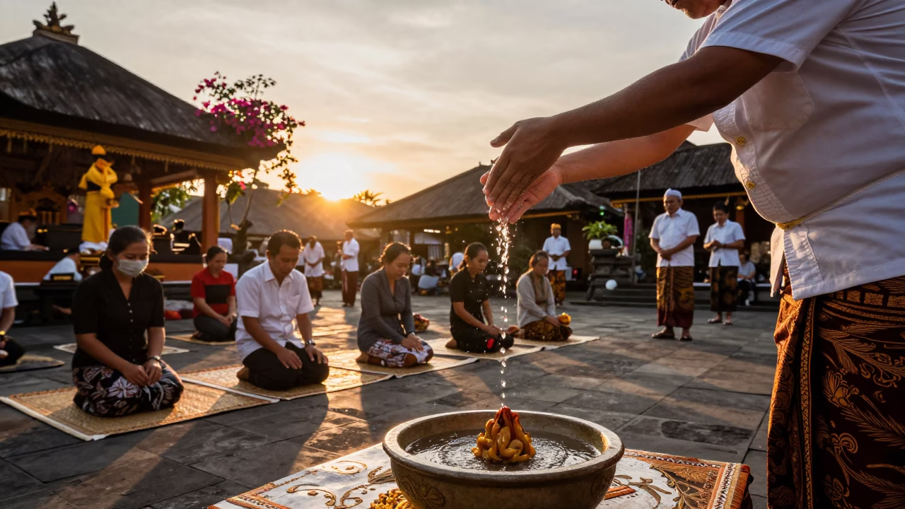 Balinese Water Blessing Ceremony at Sunset in Denpasar Indonesia with Bougainvillea in in Denpasar, Indonesia