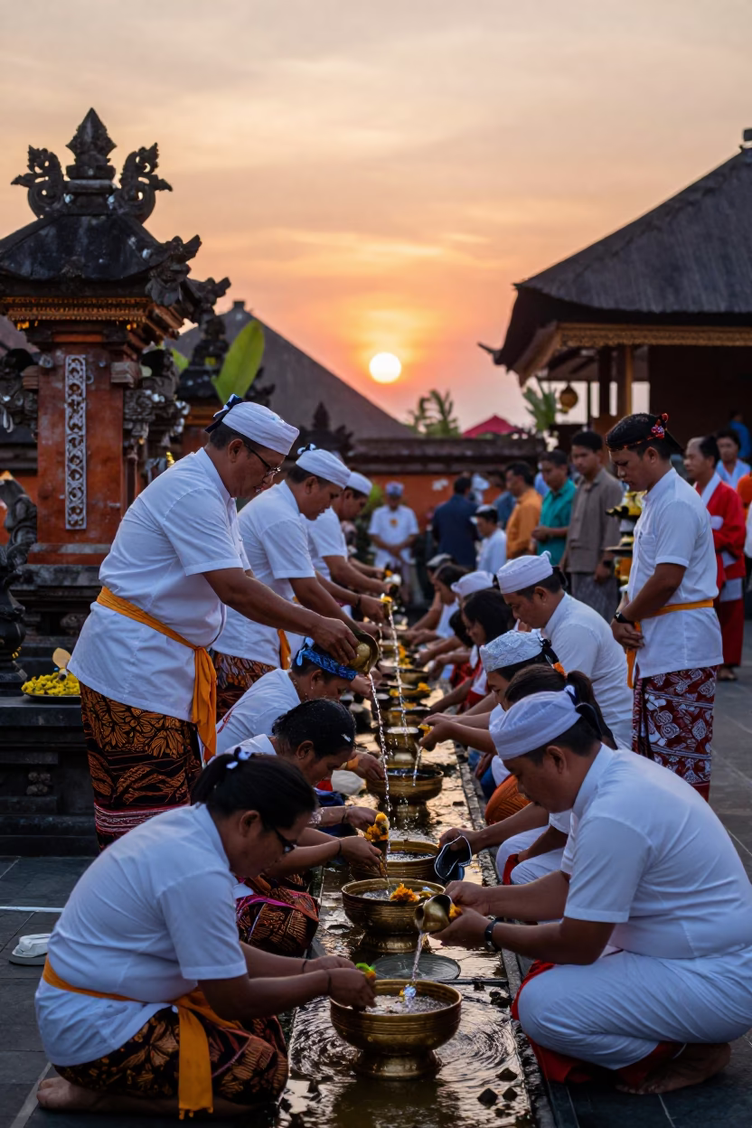 Balinese water blessing ceremony at temple in Denpasar Indonesia at sunset in in Denpasar, Indonesia