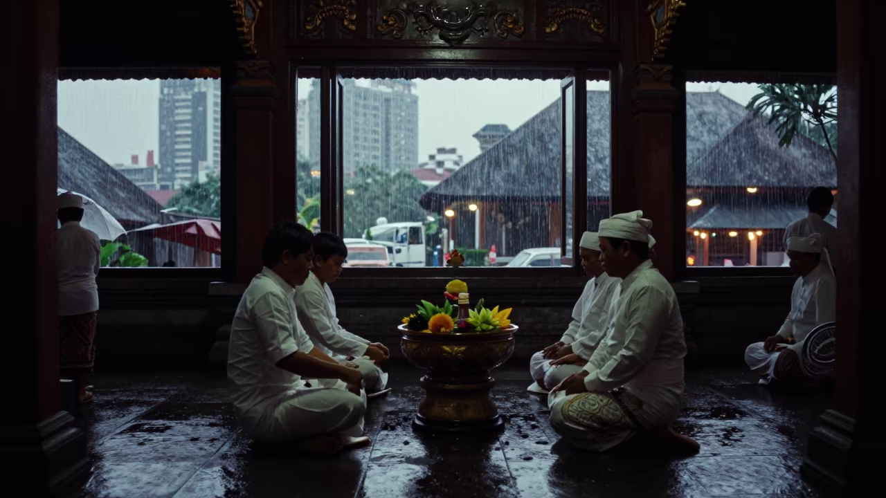 Balinese Water Blessing Ceremony in Jakarta Temple Hall in in a prayer hall in Jakarta