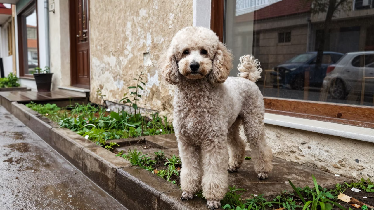 Balıkesir Garden Portrait of a Textured Poodle in near a garden edge with soft morning light and an uncluttered background in Balıkesir