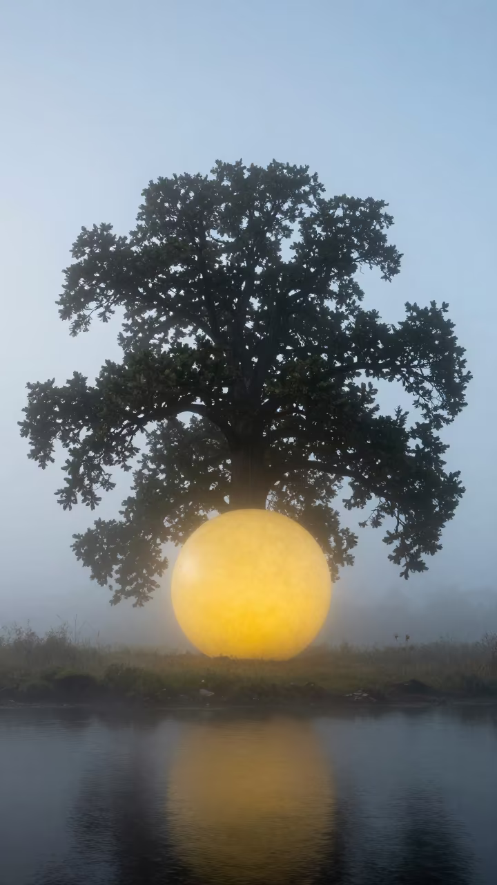 Ball Lightning Near Tree in Danish Fog in through low marine fog in Denmark
