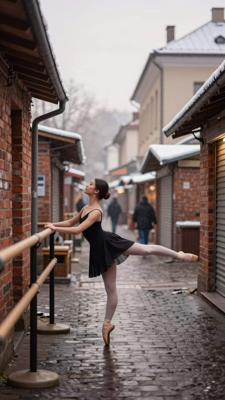 Ballerina Stretching at Barre in Vilnius Morning in along a market lane in Vilnius