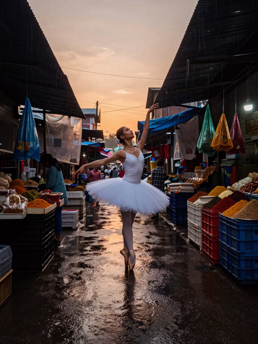 Ballet Dancer En Pointe Before Curtain in Market Lane in along a market lane in Mira-Bhayandar