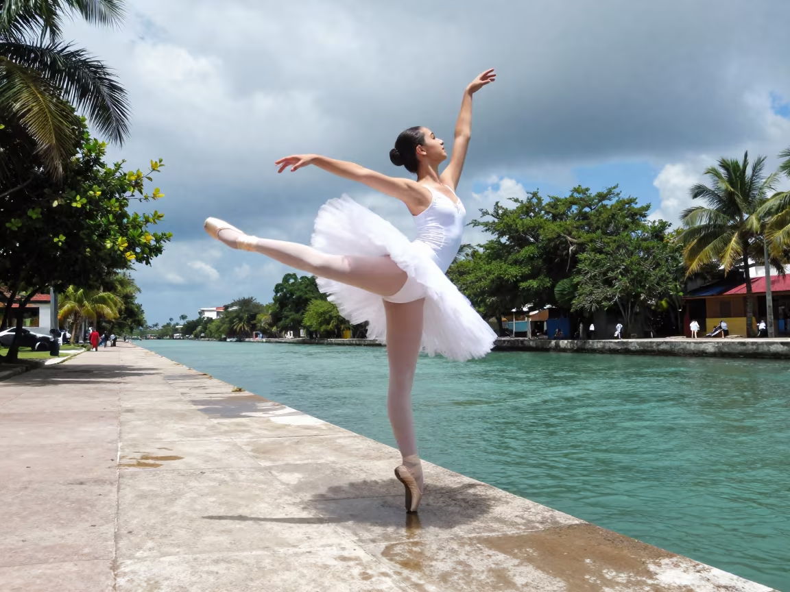 Ballet Dancer Pirouette Beside Playa Canal in beside a canal in Playa del Carmen