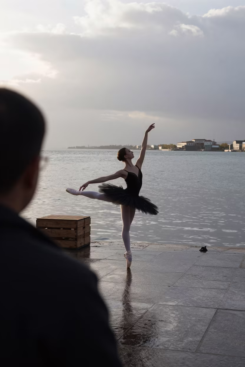 Ballet Dancer in Wings Before Dawn at Isfahan Harbor in at a harbor edge in Isfahan