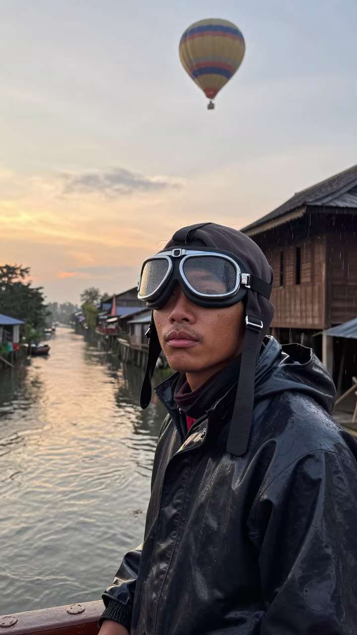 Balloon Pilot Beside Yangon Canal in Monsoon Dawn in beside a canal in Yangon