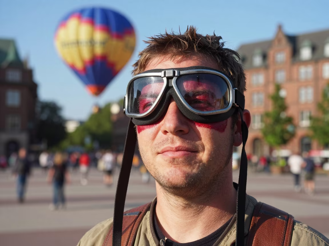 Balloon Pilot Portrait with Goggle Marks in at a public square in Eppendorf, Hamburg