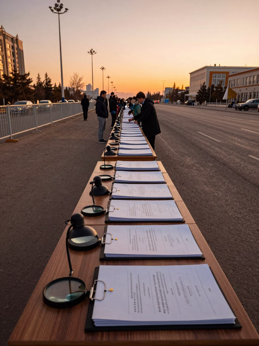 Ballot Adjudication Table Under Amber Sunset Light in along barricaded protest routes near Astana