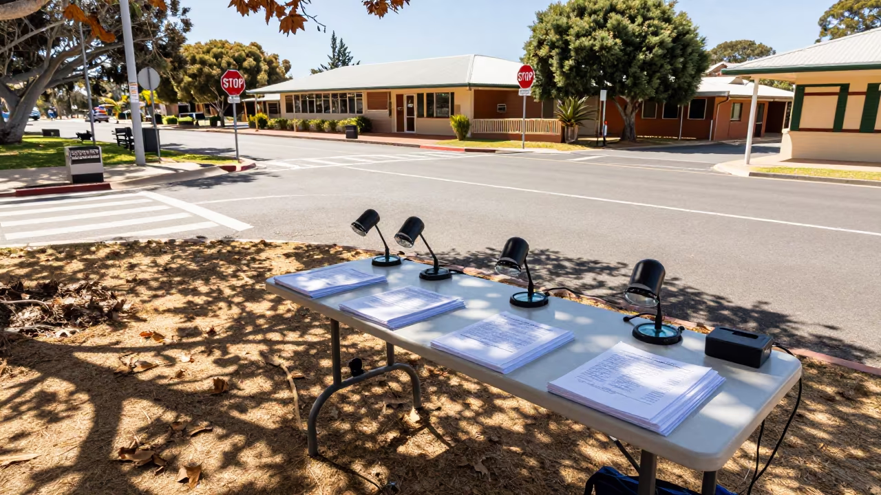 Ballot Adjudication Table at Fremantle School Gate in at a crosswalk by a school gate in Fremantle