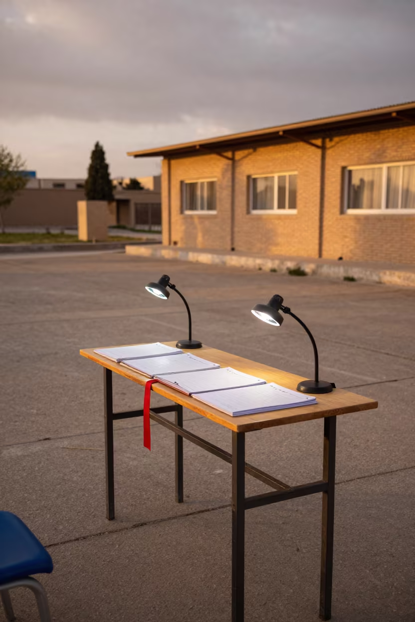 Ballot Adjudication Table Under Lamps Near Shiraz in outside a polling station entrance near Shiraz