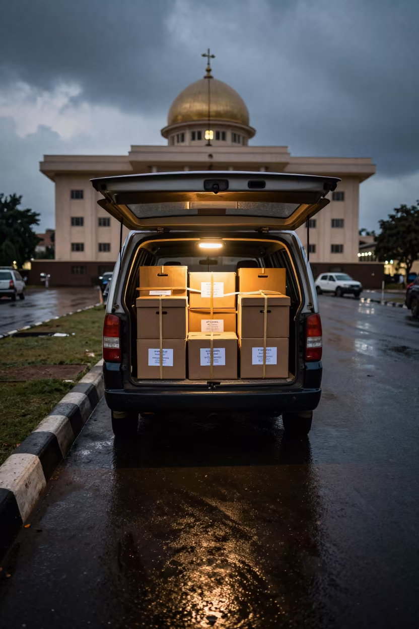 Ballot Boxes Secured in Van Trunk at Khartoum Twilight in beneath government building floodlights in Khartoum