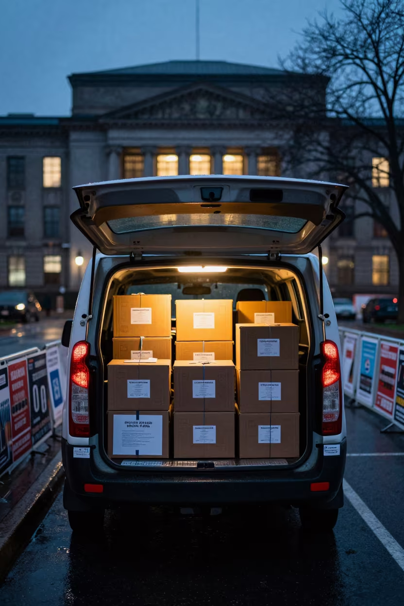 Ballot Boxes Strapped in Municipal Van Trunk in beneath government building floodlights near Ramat Gan