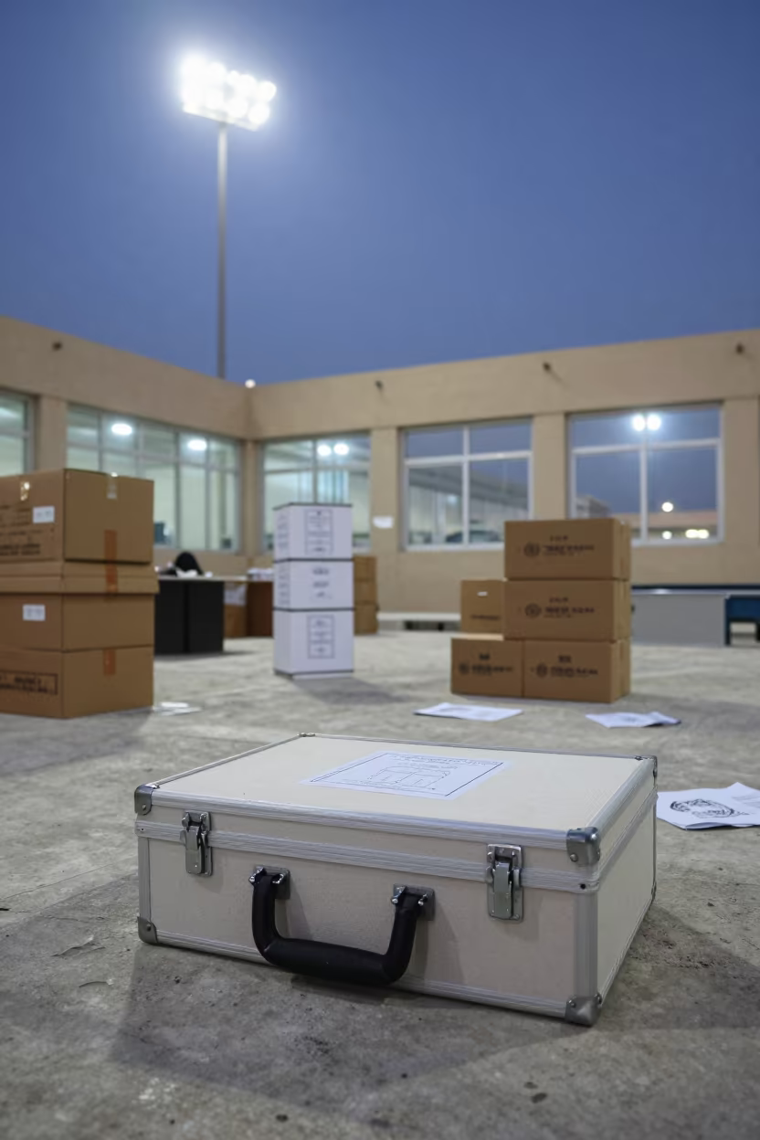Ballot Case Under Blue Hour Floodlights in inside a campaign office in Mecca