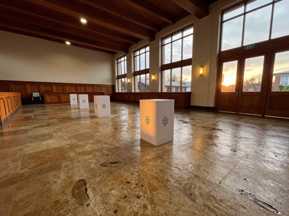 Ballot Case in Council Chamber Before Sunset in inside a council chamber near Leon