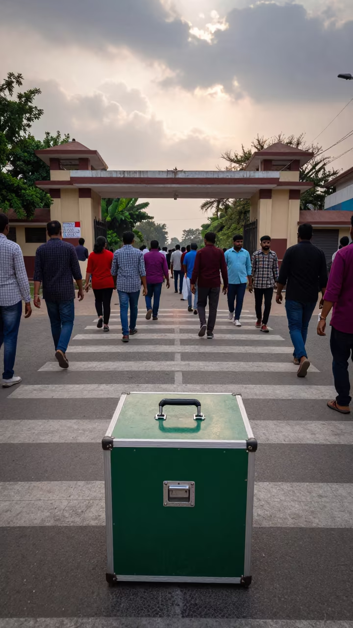 Ballot Case at Dawn Crosswalk Near School Gate in at a crosswalk by a school gate near Deoghar