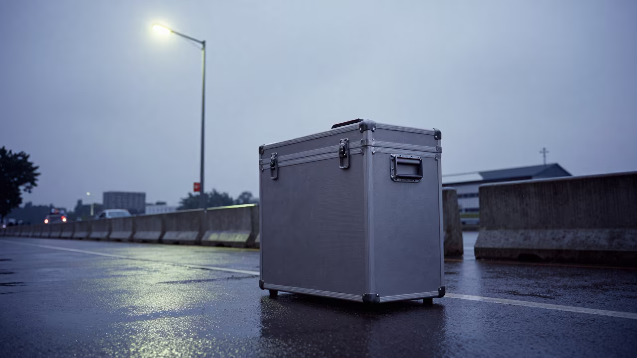 Ballot Case On Wet Street Before Sunrise in along barricaded protest routes in Man
