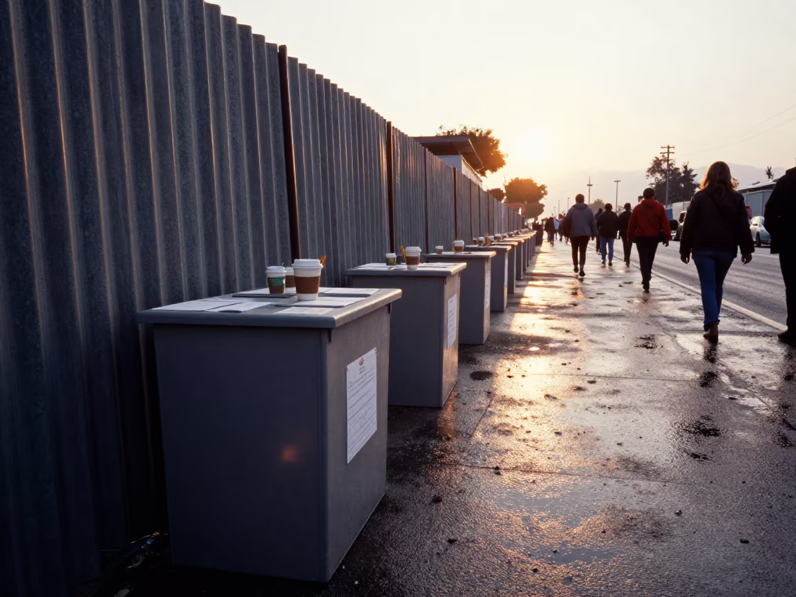 Ballot Counting Room Tijuana Dawn Light in along barricaded protest routes near Tijuana