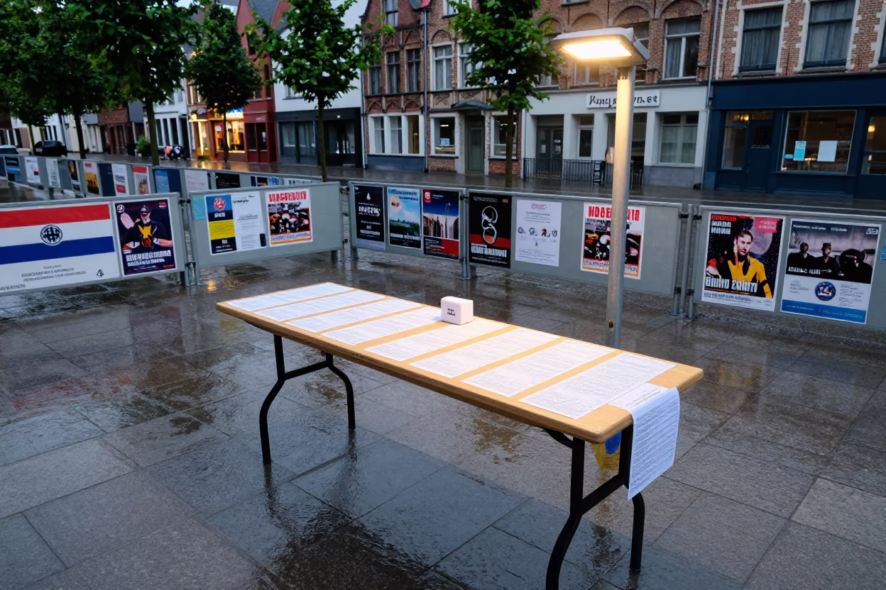 Ballot Counting Table Under Bruges Floodlights in beneath government building floodlights in Groenerei, Bruges