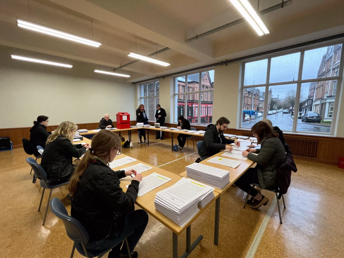 Ballot Counting Table Glasgow Town Hall in in a fluorescent town hall meeting room in Glasgow
