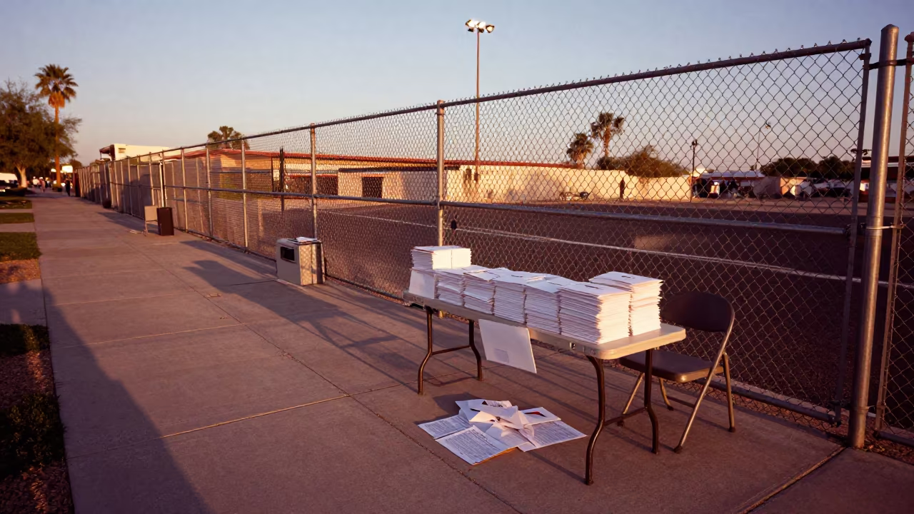 Ballot Counting Table at Phoenix School Gate Dusk in at a crosswalk by a school gate in Phoenix