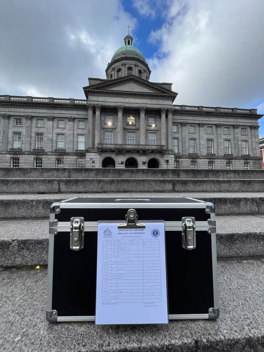 Ballot Custody Form on Sealed Case in Dublin in beneath government building floodlights in Portobello, Dublin