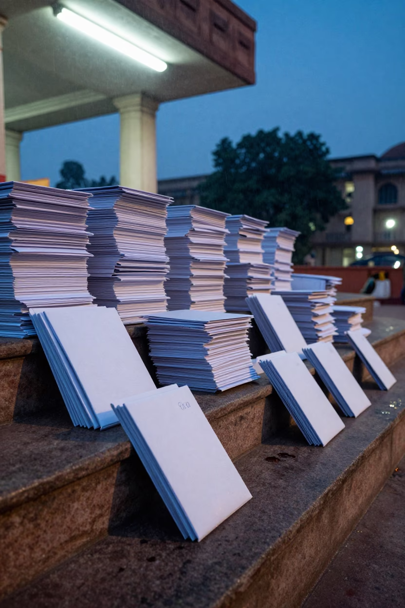 Ballot Envelope Towers on Delhi City Hall Steps in on the steps of city hall near Delhi
