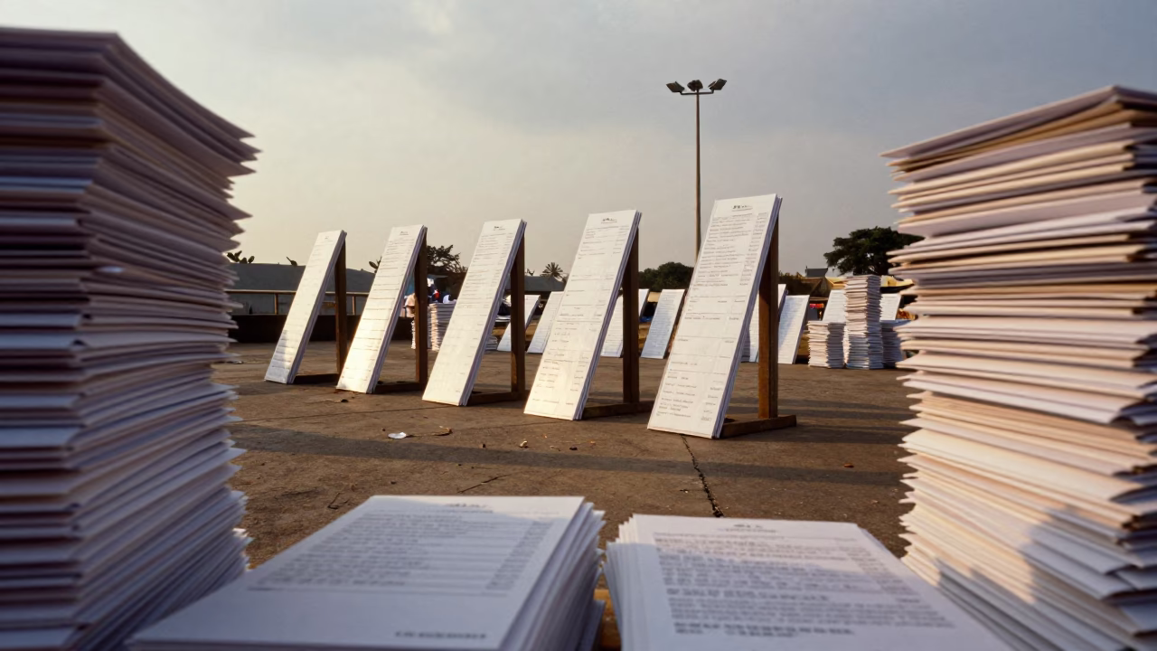Ballot Envelopes Under Floodlights Brazzaville in beneath government building floodlights in Brazzaville